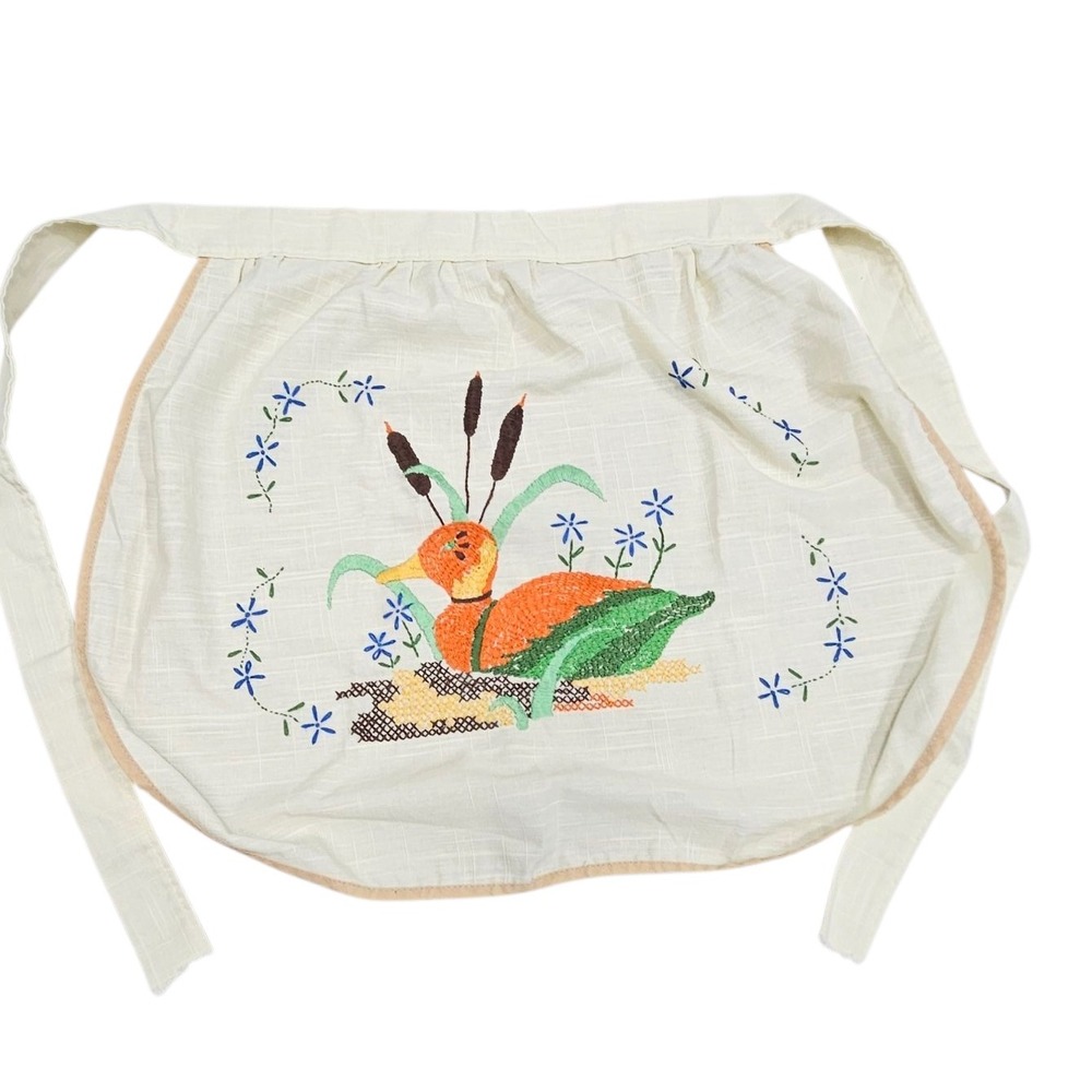Vintage 80s Duck Embroidered Half‎ Apron Cottagecore Floral Kitchen Tie  Cabin